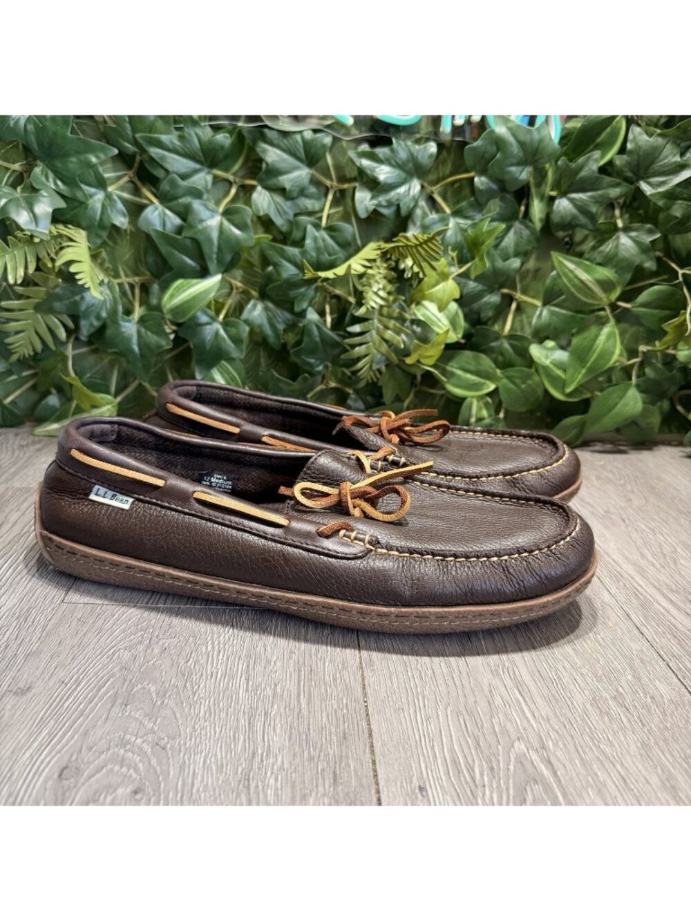 LL Bean Men's Brown Leather Flannel-Lined Handsewn Slippers Size 12